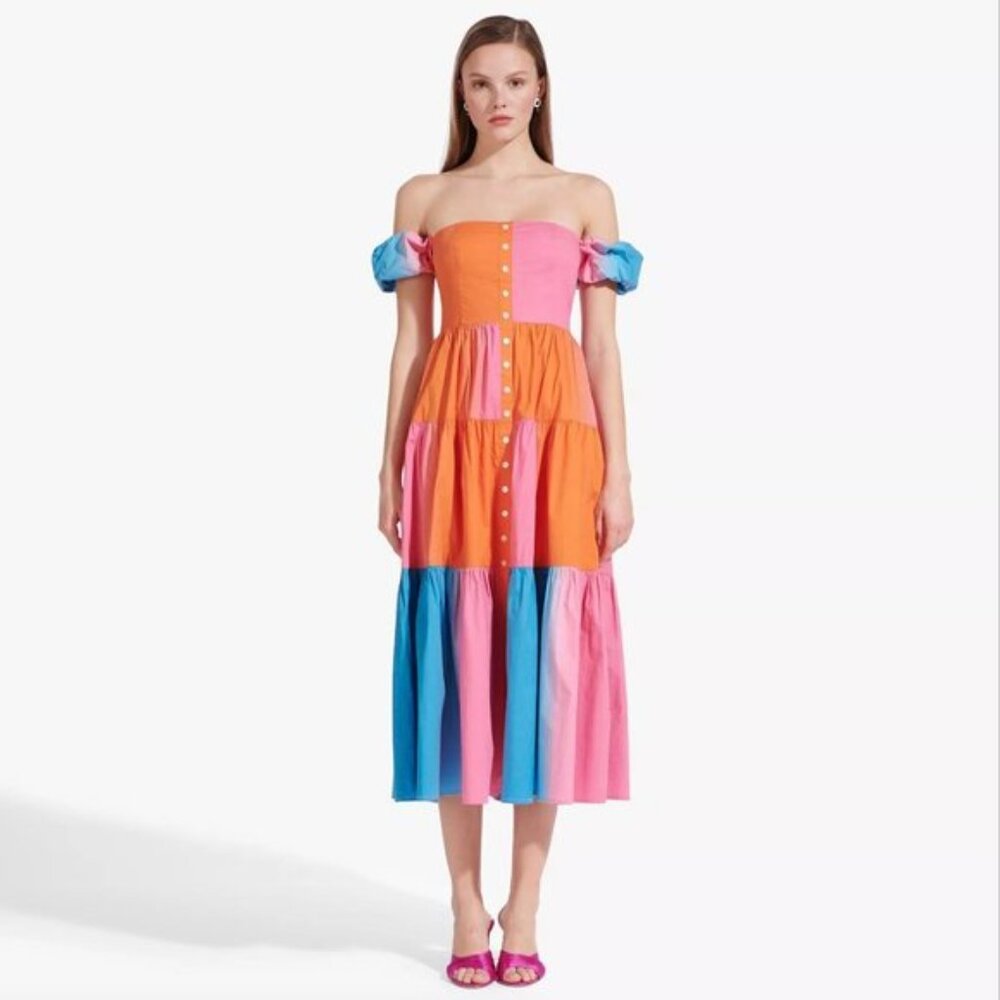 NWT STAUD Midi Elio Dress Hibiscus multicolor dopamine dressing color burst 2